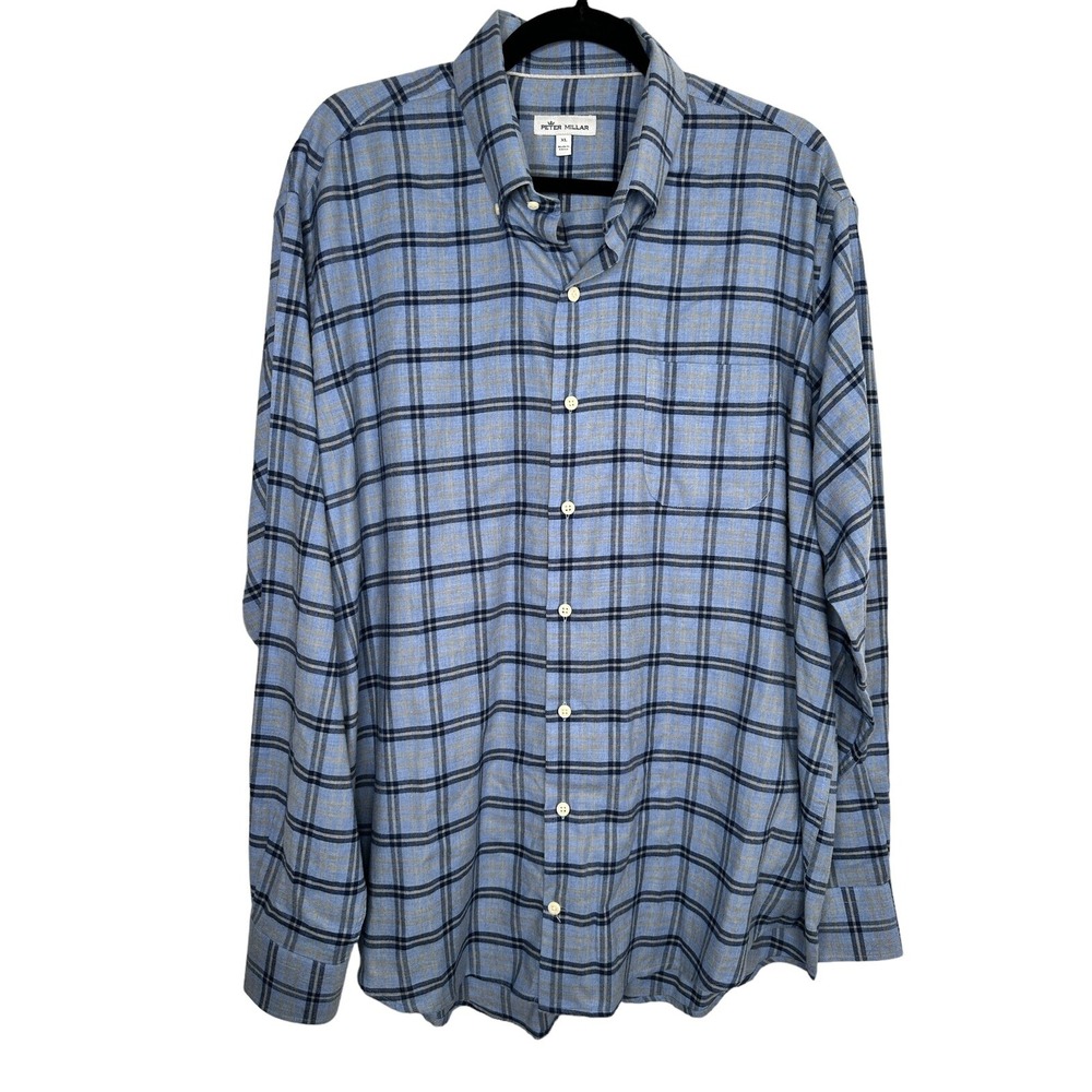Peter Millar Shirt XL Blue Plaid Cotton Stretch Button Down Long Sleeve Mens